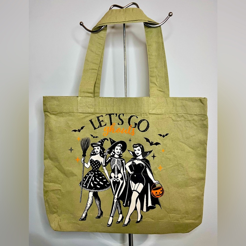 Stylish Olive Green Tote Bag with Halloween Print